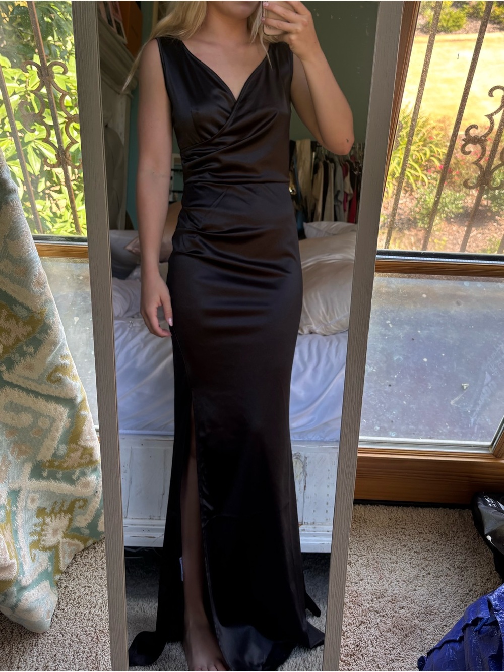 Black Satin V-Neck Maxi Dress with Side Slit